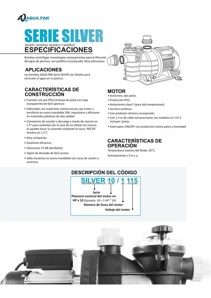 SOLO MELI PIS - BOMBA PARA ALBERCA PISCINA 1 HP AQUAPAK SILVER