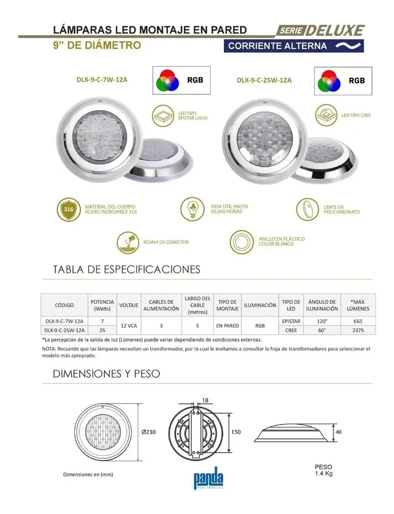 SOLO MELI SUR - 4 LAMPARA LED RGB PISCINA DELUXE 7 WATTS, 12 VC + TRANSFORMA
