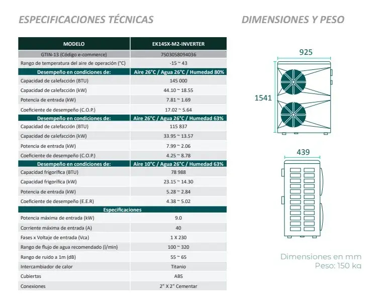 SOLO MELI SUR - CALENTADOR EKX HIDROCONTROL BOMBA DE CALOR 145000 BTU
