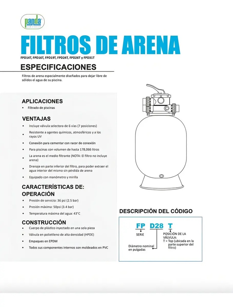 SOLO MELI SUR - FILTRO DE ARENA 19 PARA ALBERCA PLÁSTICO REFORZADO PANDA
