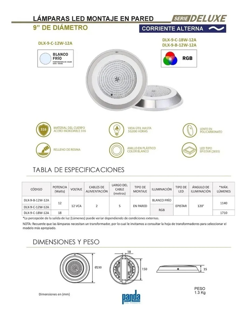 SOLO MELI PIS - LAMPARA LED PARA PISCINA, DELUXE, PANDA, RGB, 12 WATTS