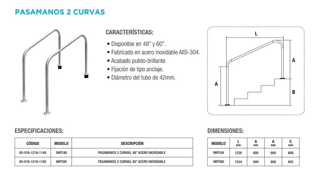 SOLO MELI PIS - PASAMANOS 2 CURVAS ACERO INOX PARA ALBERCA 1 PZA 48