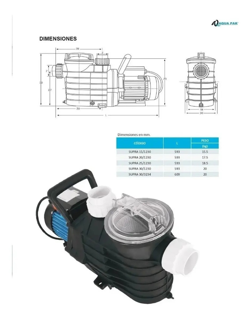 SOLO MELI - BOMBA ALBERCA AQUA PAK SUPRA 20 2HP 230V MONOFÁSICA 460L/MIN