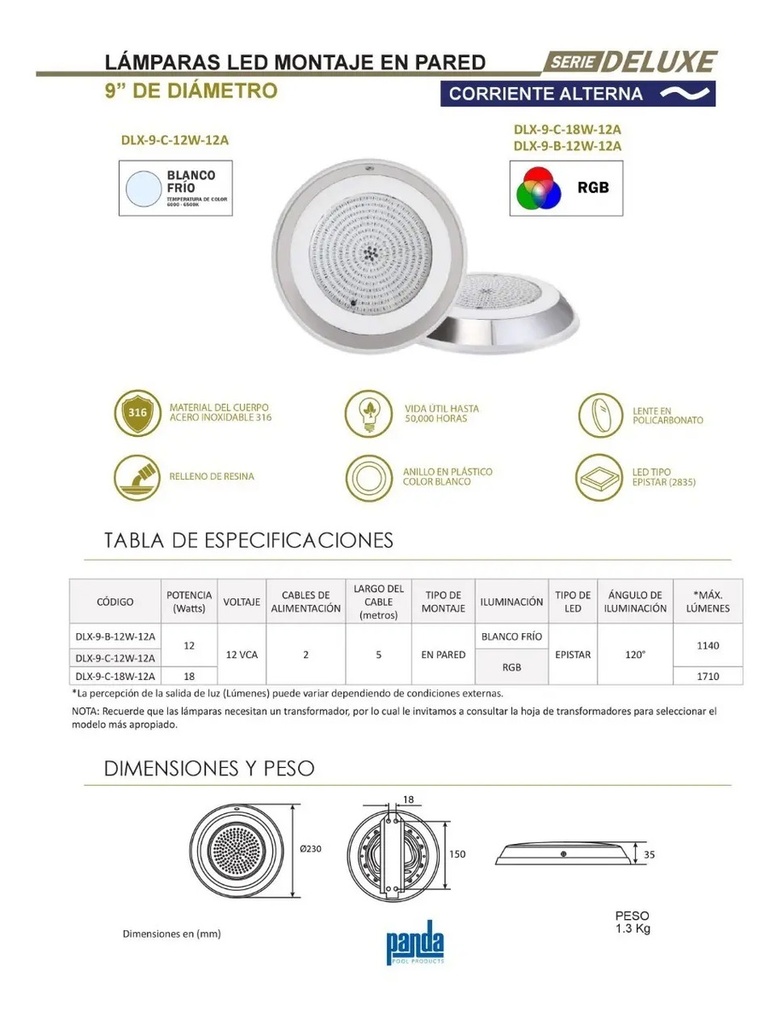 SOLO MELI - LAMPARA LED PARA PISCINA, DELUXE, PANDA, RGB, 18 WATTS, 12 V