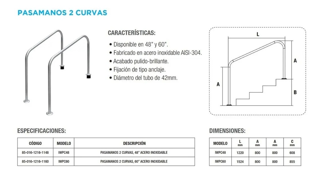 SOLO MELI - PASAMANOS 2 CURVAS ACERO INOX PARA ALBERCA 1 PZA 48